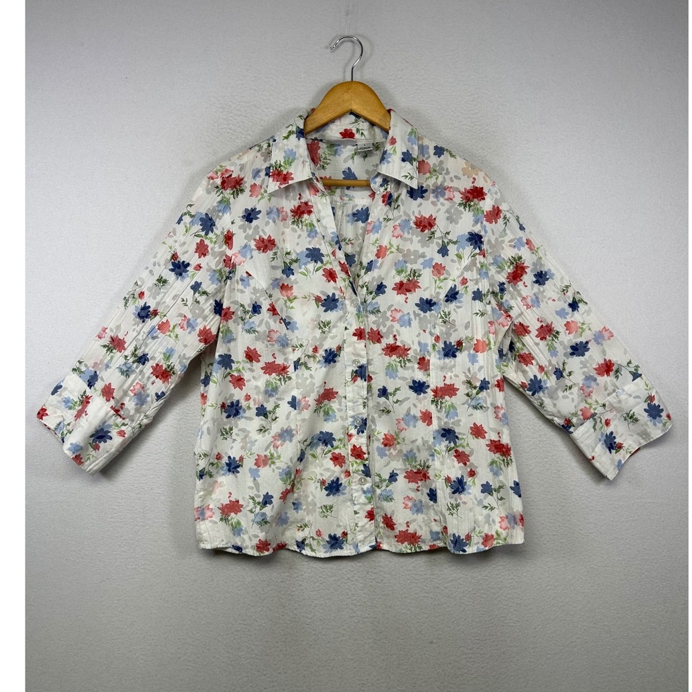 Cottagecore Apparenza Womens Large White‎ Floral 3/4 Sleeve Button Up Blouse